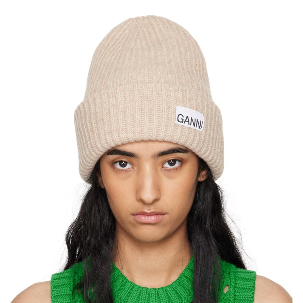 GANNI Beige Oversized Wool Rib Knit Beanie